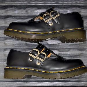 Dr. Martens Black Leather Triple Buckle Slip-On Loafers with Yellow Stitching